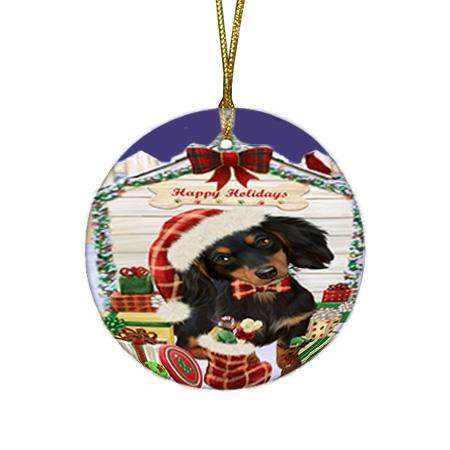 Happy Holidays Christmas Dachshund Dog House with Presents Round Flat Christmas Ornament RFPOR51373