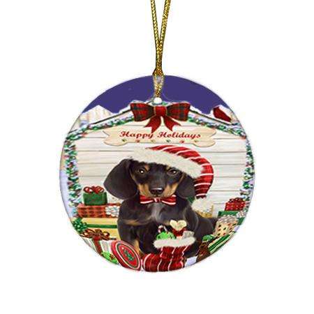 Happy Holidays Christmas Dachshund Dog House with Presents Round Flat Christmas Ornament RFPOR51374