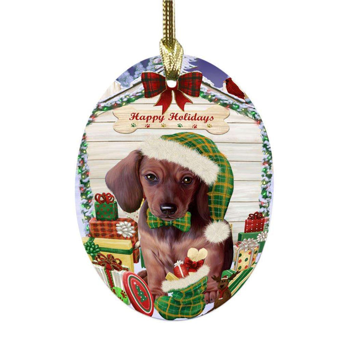 Happy Holidays Christmas Dachshund House With Presents Oval Glass Christmas Ornament OGOR49850