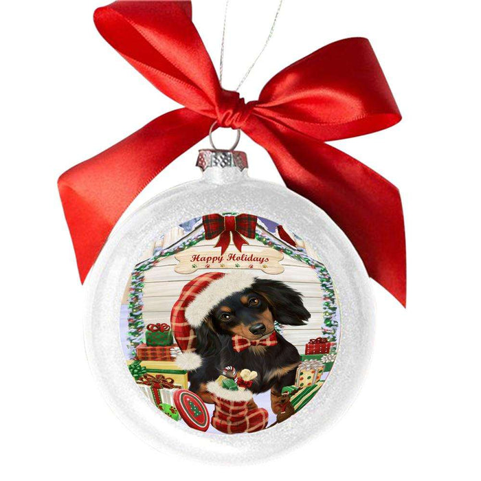 Happy Holidays Christmas Dachshund House With Presents White Round Ball Christmas Ornament WBSOR49852