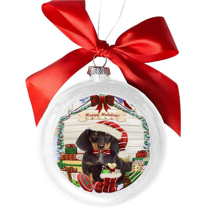 Happy Holidays Christmas Dachshund House With Presents White Round Ball Christmas Ornament WBSOR49853