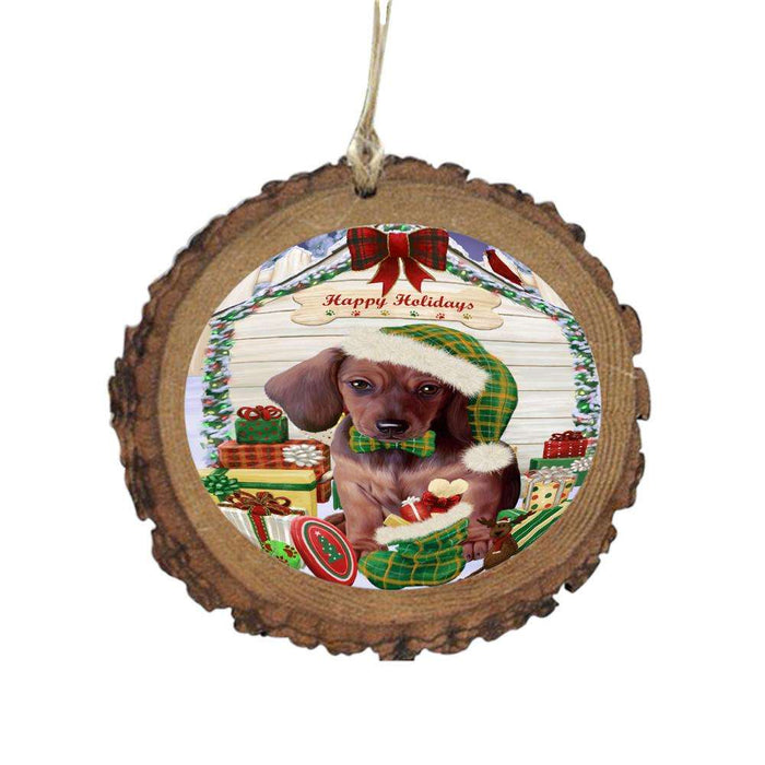 Happy Holidays Christmas Dachshund House With Presents Wooden Christmas Ornament WOR49850