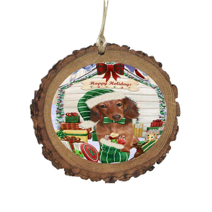 Happy Holidays Christmas Dachshund House With Presents Wooden Christmas Ornament WOR49851