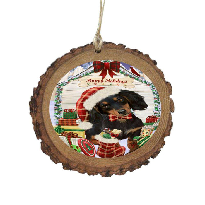 Happy Holidays Christmas Dachshund House With Presents Wooden Christmas Ornament WOR49852