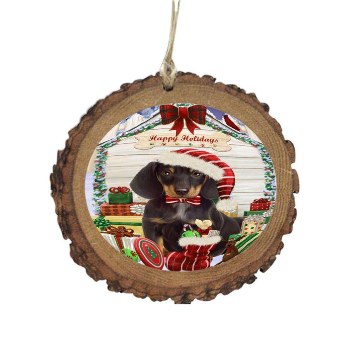 Happy Holidays Christmas Dachshund House With Presents Wooden Christmas Ornament WOR49853