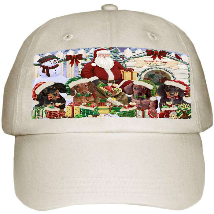 Happy Holidays Christmas Dachshunds Dog House Gathering Ball Hat Cap HAT57606