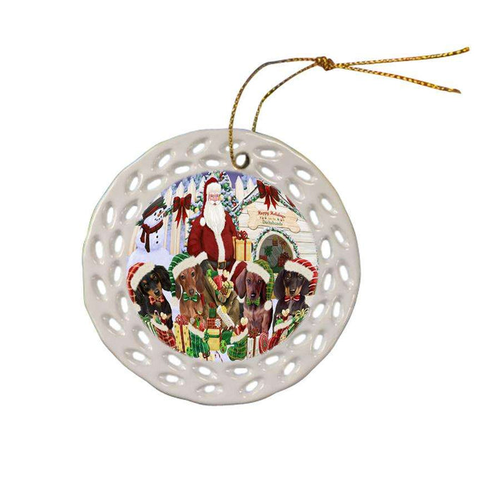 Happy Holidays Christmas Dachshunds Dog House Gathering Ceramic Doily Ornament DPOR51291