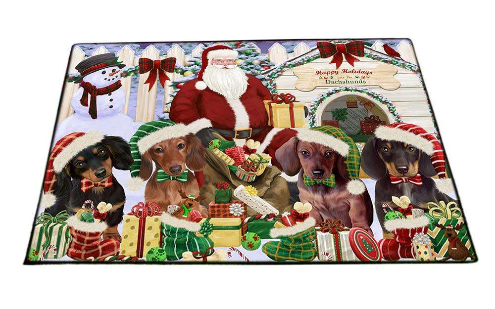 Happy Holidays Christmas Dachshunds Dog House Gathering Floormat FLMS51084