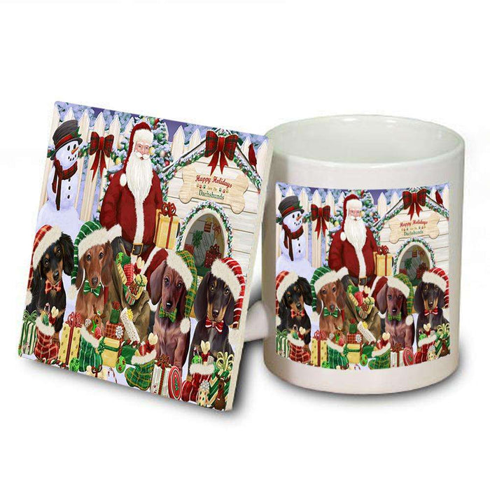 Happy Holidays Christmas Dachshunds Dog House Gathering Mug and Coaster Set MUC51283
