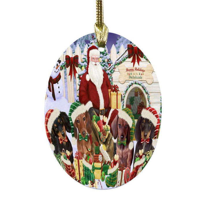 Happy Holidays Christmas Dachshunds Dog House Gathering Oval Glass Christmas Ornament OGOR49699