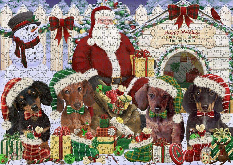 Happy Holidays Christmas Dachshunds Dog House Gathering Puzzle with Photo Tin PUZL57735