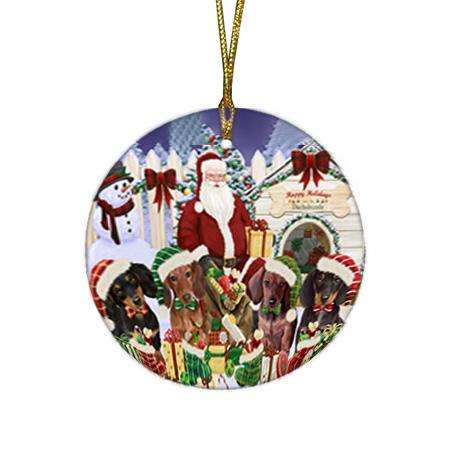 Happy Holidays Christmas Dachshunds Dog House Gathering Round Flat Christmas Ornament RFPOR51282