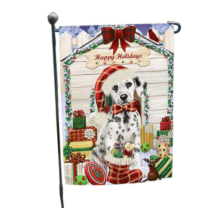 Happy Holidays Christmas Dalmatian Dog House with Presents Garden Flag GFLG51343