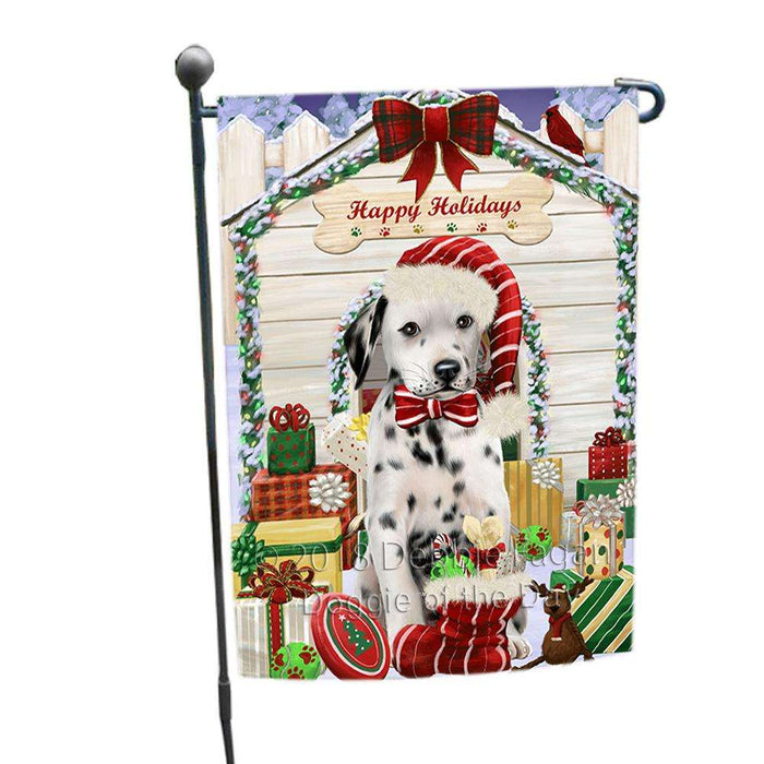 Happy Holidays Christmas Dalmatian Dog House with Presents Garden Flag GFLG51344
