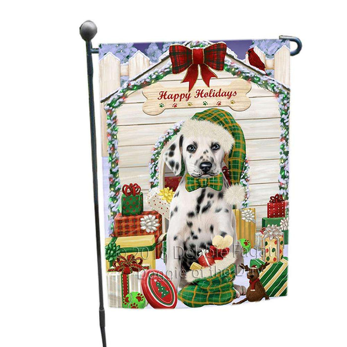 Happy Holidays Christmas Dalmatian Dog House with Presents Garden Flag GFLG51416