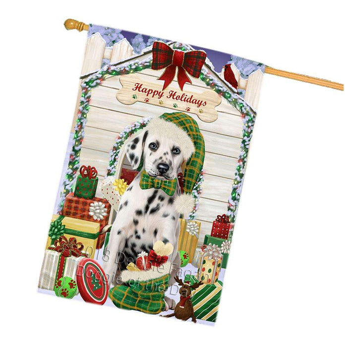 Happy Holidays Christmas Dalmatian Dog House with Presents House Flag FLG51552