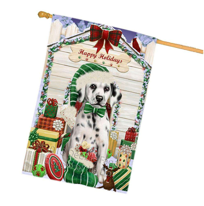 Happy Holidays Christmas Dalmatian Dog House with Presents House Flag FLG51553