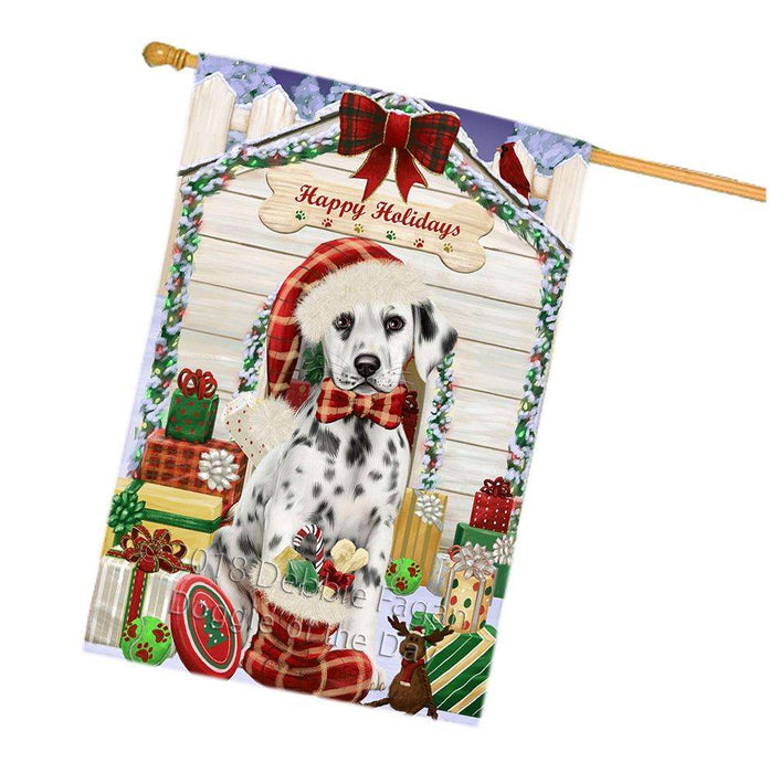 Happy Holidays Christmas Dalmatian Dog House with Presents House Flag FLG51554