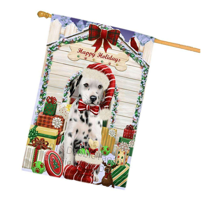 Happy Holidays Christmas Dalmatian Dog House with Presents House Flag FLG51555