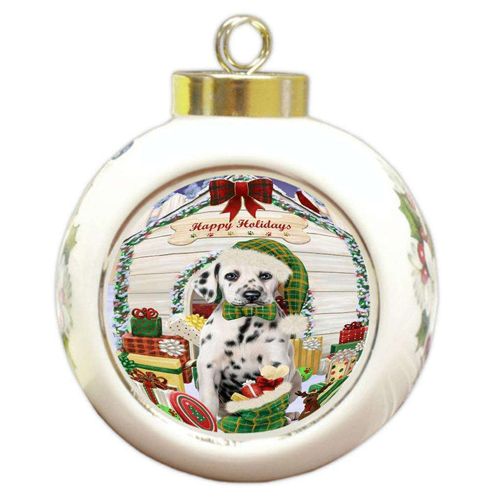 Happy Holidays Christmas Dalmatian Dog House with Presents Round Ball Christmas Ornament RBPOR51404