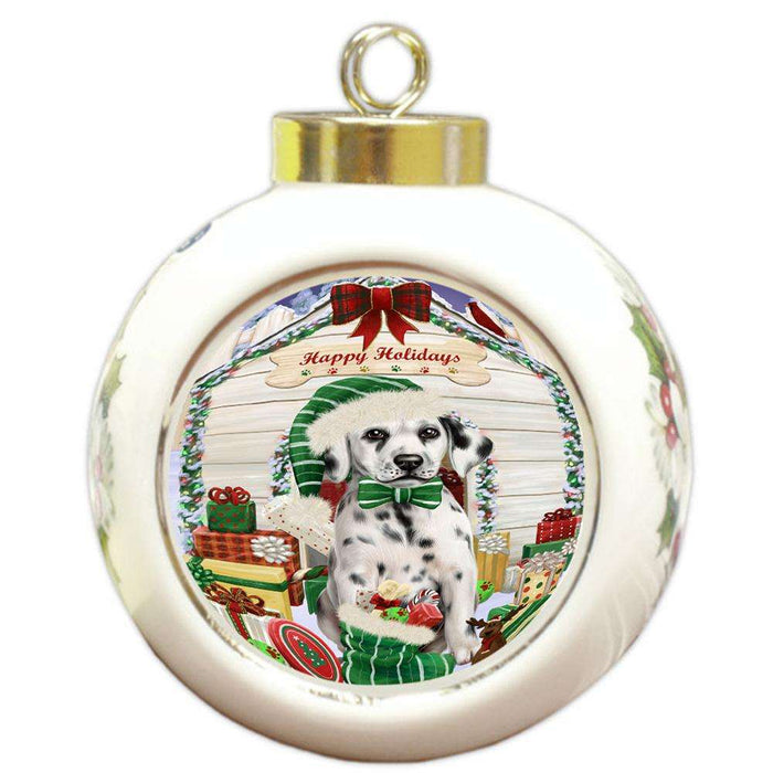 Happy Holidays Christmas Dalmatian Dog House with Presents Round Ball Christmas Ornament RBPOR51405