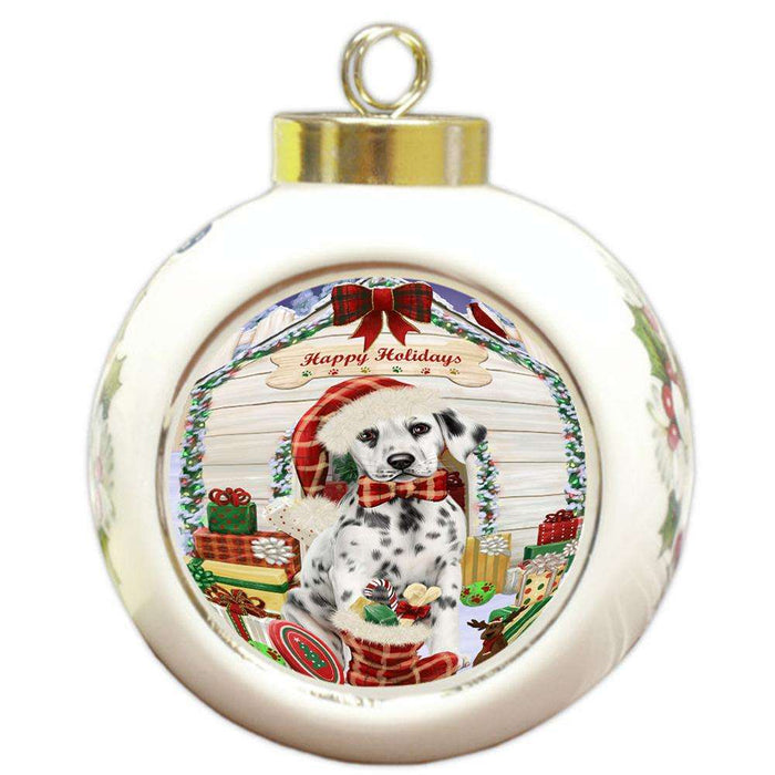 Happy Holidays Christmas Dalmatian Dog House with Presents Round Ball Christmas Ornament RBPOR51406
