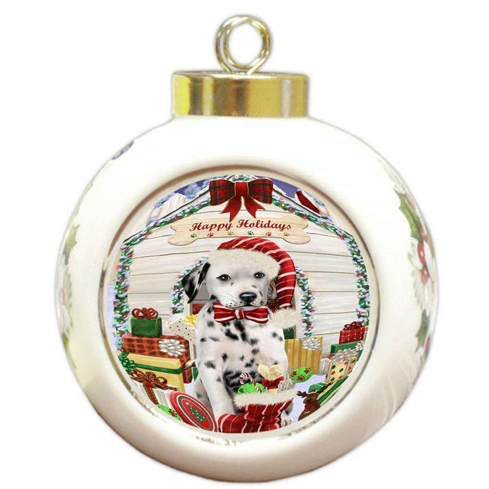 Happy Holidays Christmas Dalmatian Dog House with Presents Round Ball Christmas Ornament RBPOR51407