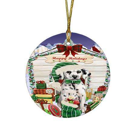 Happy Holidays Christmas Dalmatian Dog House with Presents Round Flat Christmas Ornament RFPOR51396