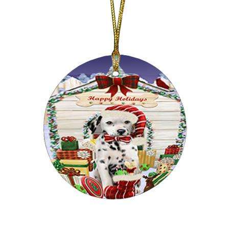 Happy Holidays Christmas Dalmatian Dog House with Presents Round Flat Christmas Ornament RFPOR51398