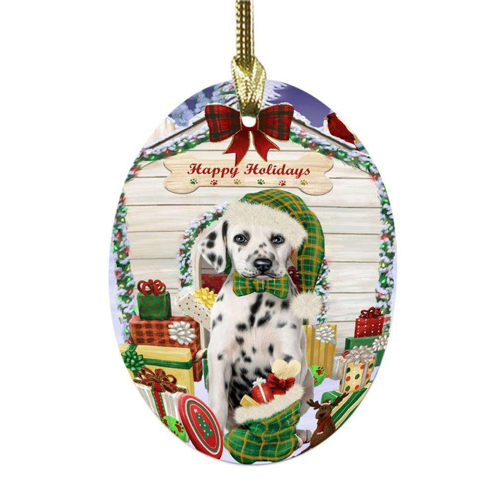 Happy Holidays Christmas Dalmatian House With Presents Oval Glass Christmas Ornament OGOR49854
