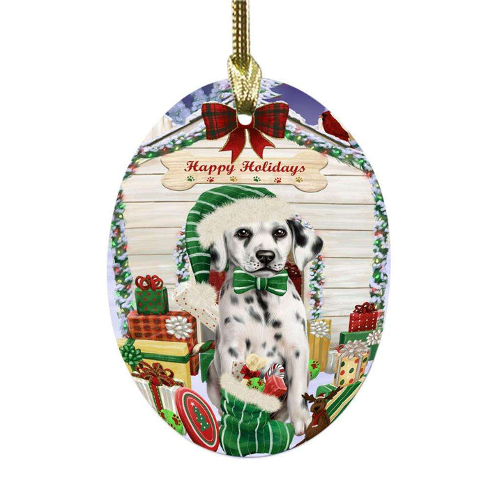 Happy Holidays Christmas Dalmatian House With Presents Oval Glass Christmas Ornament OGOR49855