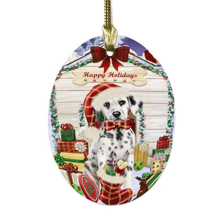 Happy Holidays Christmas Dalmatian House With Presents Oval Glass Christmas Ornament OGOR49856