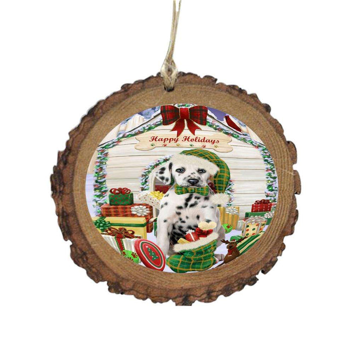 Happy Holidays Christmas Dalmatian House With Presents Wooden Christmas Ornament WOR49854
