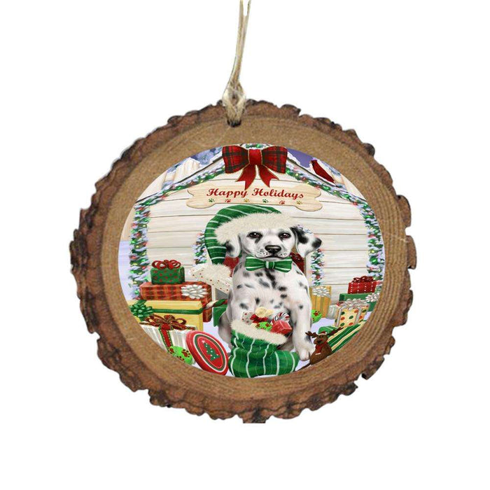 Happy Holidays Christmas Dalmatian House With Presents Wooden Christmas Ornament WOR49855