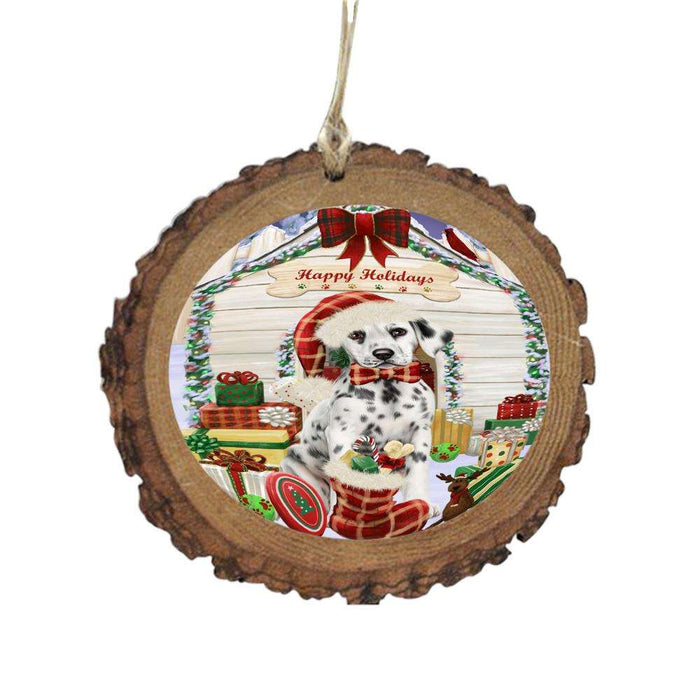 Happy Holidays Christmas Dalmatian House With Presents Wooden Christmas Ornament WOR49856