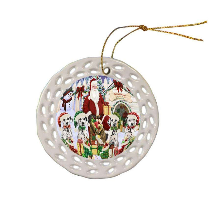 Happy Holidays Christmas Dalmatians Dog House Gathering Ceramic Doily Ornament DPOR51449