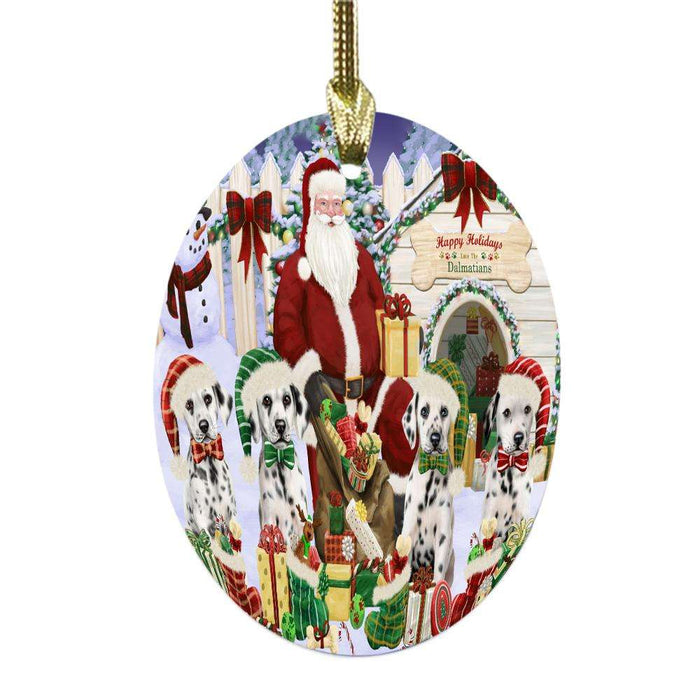 Happy Holidays Christmas Dalmatians Dog House Gathering Oval Glass Christmas Ornament OGOR49700