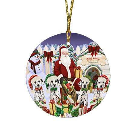 Happy Holidays Christmas Dalmatians Dog House Gathering Round Flat Christmas Ornament RFPOR51440