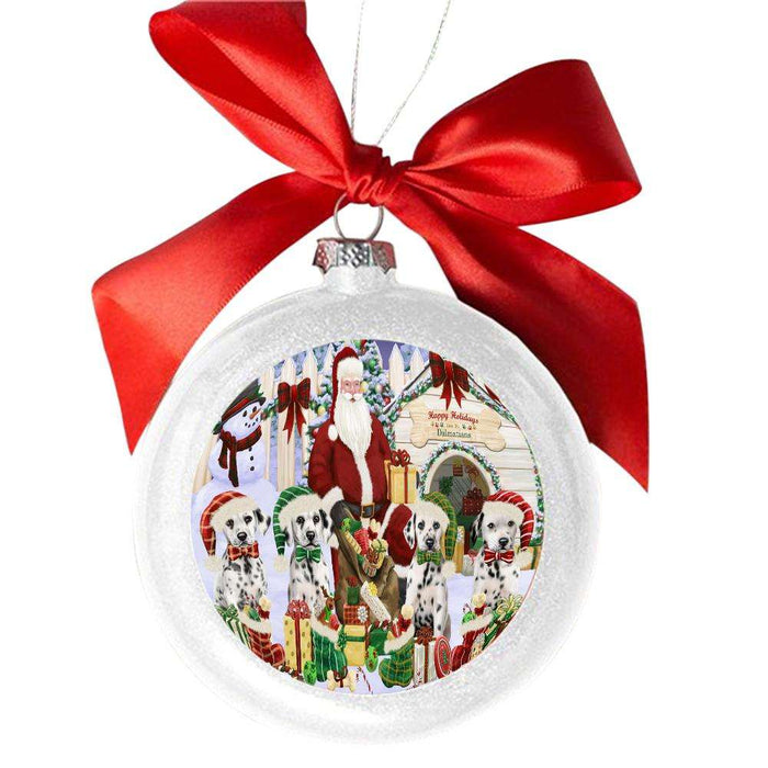 Happy Holidays Christmas Dalmatians Dog House Gathering White Round Ball Christmas Ornament WBSOR49700