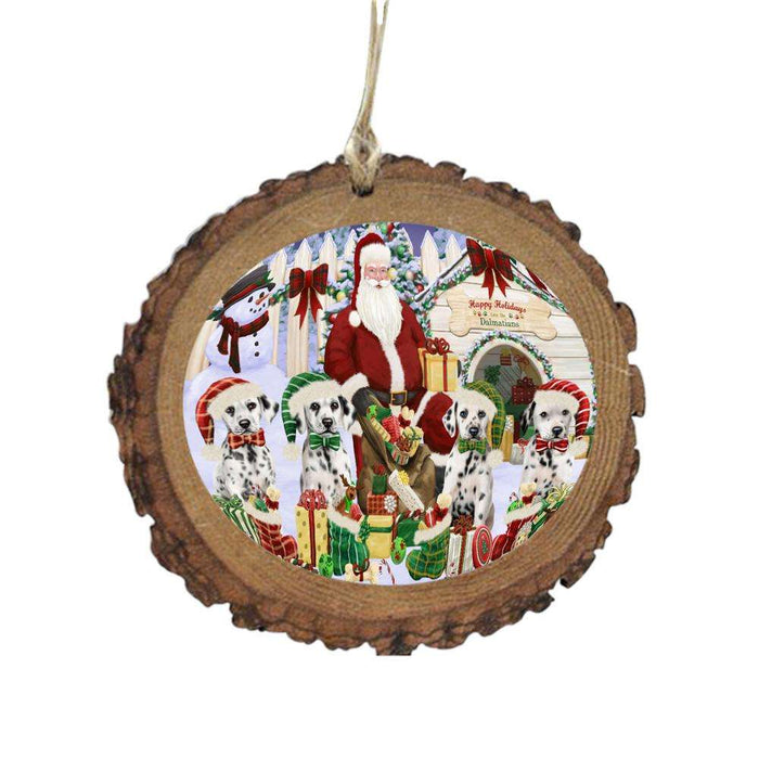 Happy Holidays Christmas Dalmatians Dog House Gathering Wooden Christmas Ornament WOR49700