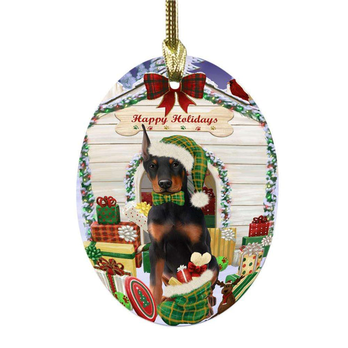 Happy Holidays Christmas Doberman House With Presents Oval Glass Christmas Ornament OGOR49858