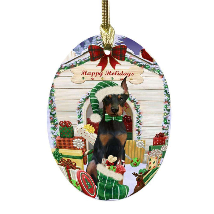 Happy Holidays Christmas Doberman House With Presents Oval Glass Christmas Ornament OGOR49859
