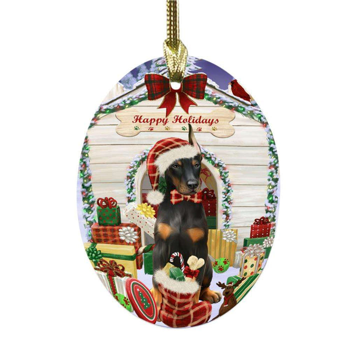 Happy Holidays Christmas Doberman House With Presents Oval Glass Christmas Ornament OGOR49860