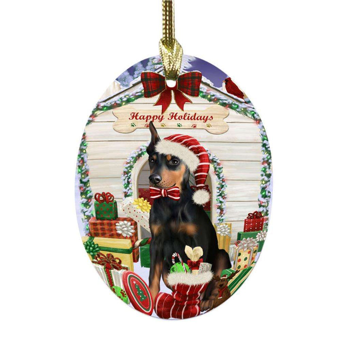 Happy Holidays Christmas Doberman House With Presents Oval Glass Christmas Ornament OGOR49861