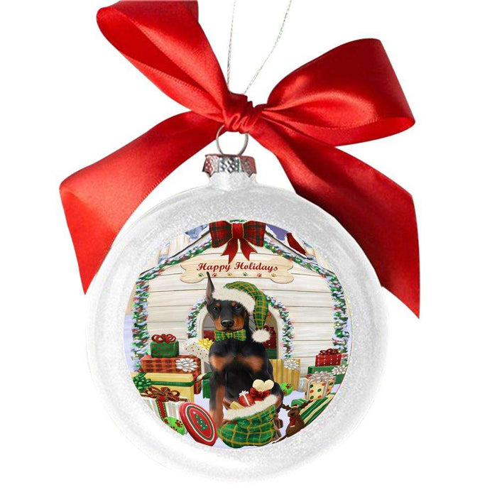 Happy Holidays Christmas Doberman House With Presents White Round Ball Christmas Ornament WBSOR49858