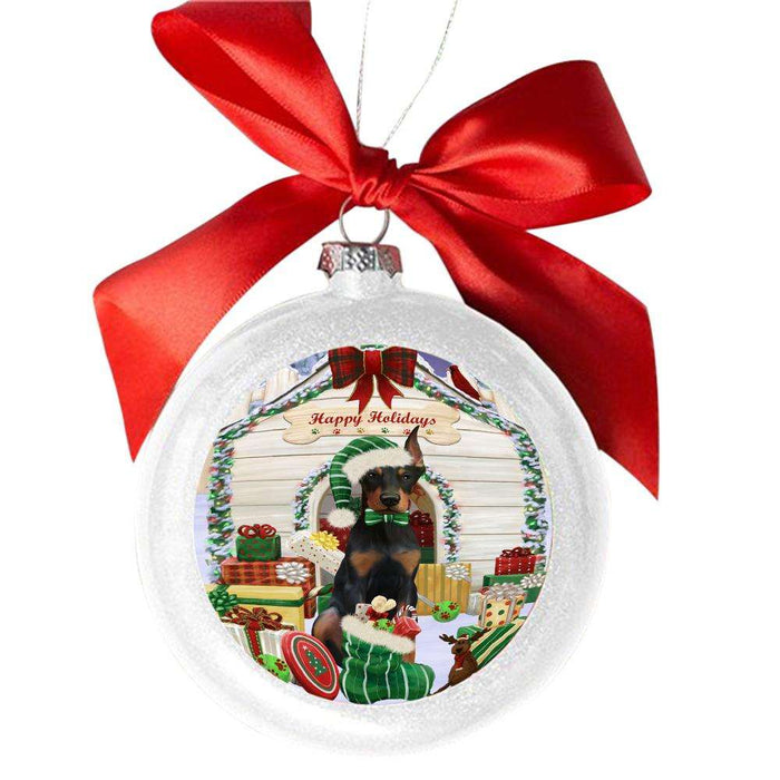 Happy Holidays Christmas Doberman House With Presents White Round Ball Christmas Ornament WBSOR49859