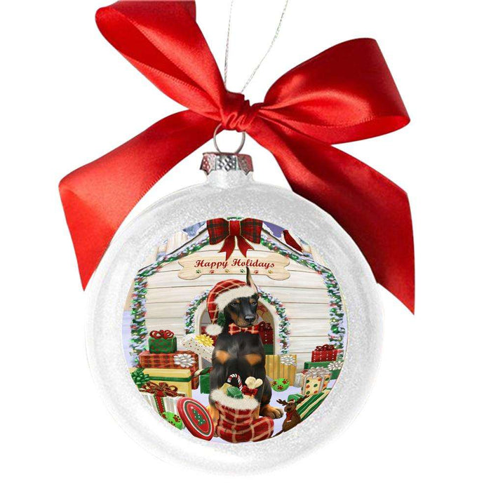 Happy Holidays Christmas Doberman House With Presents White Round Ball Christmas Ornament WBSOR49860