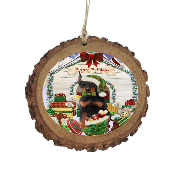 Happy Holidays Christmas Doberman House With Presents Wooden Christmas Ornament WOR49858