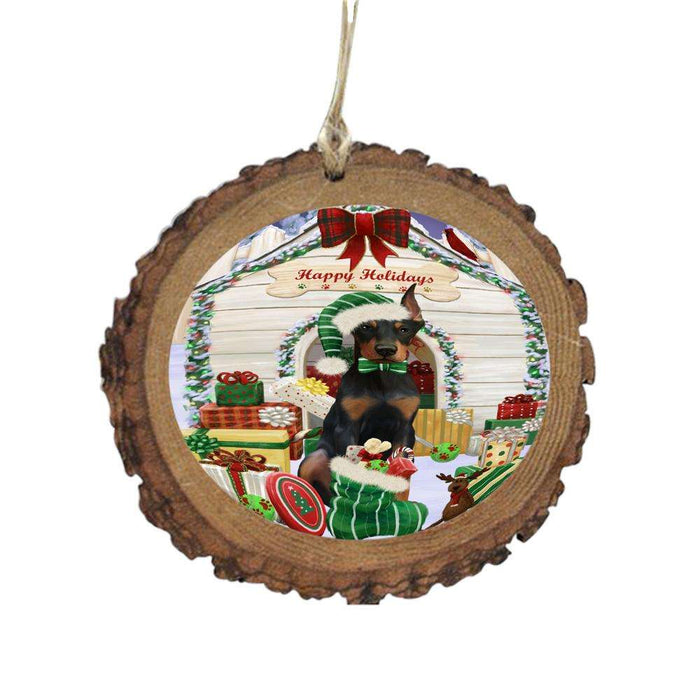 Happy Holidays Christmas Doberman House With Presents Wooden Christmas Ornament WOR49859