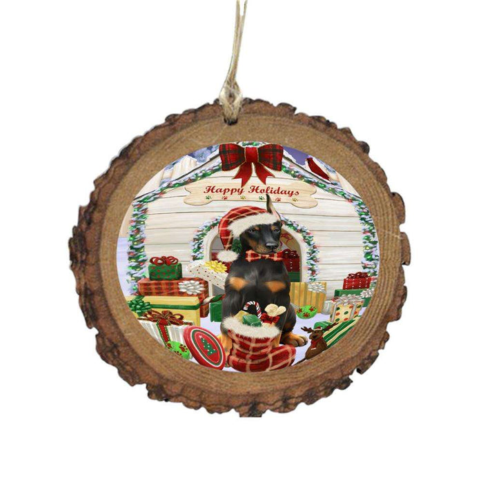 Happy Holidays Christmas Doberman House With Presents Wooden Christmas Ornament WOR49860